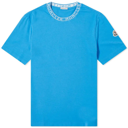 Blue t-shirt with brand logo on a white background