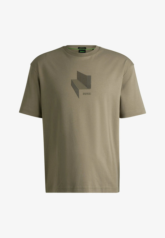 Khaki t-shirt with a logo on a white background