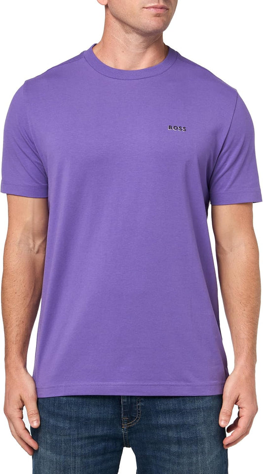 Man wearing a purple t-shirt with a brand logo on a white background