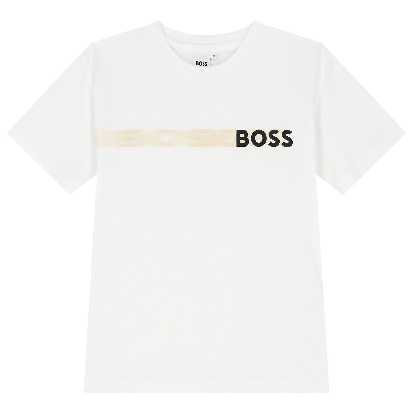 White t-shirt with 'BOSS' logo on a white background