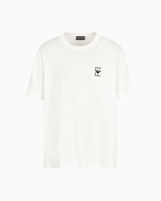 White t-shirt with a black logo on a white background