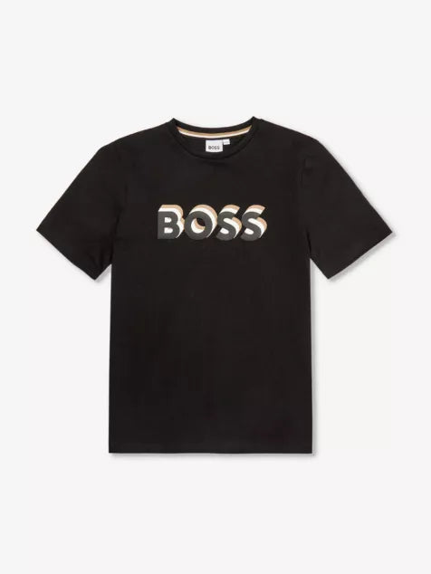 BOSS Logo Signature Black Color Regular Fit Cotton Jersey T-Shirt for Kids/Juniors