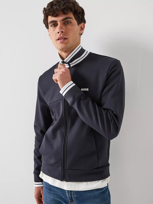 BOSS Cotton-blend zip-up sweatshirt with striped trims - Navy