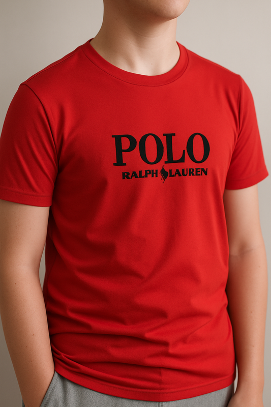 Red t-shirt with Polo Ralph Lauren logo worn by a person on a neutral background