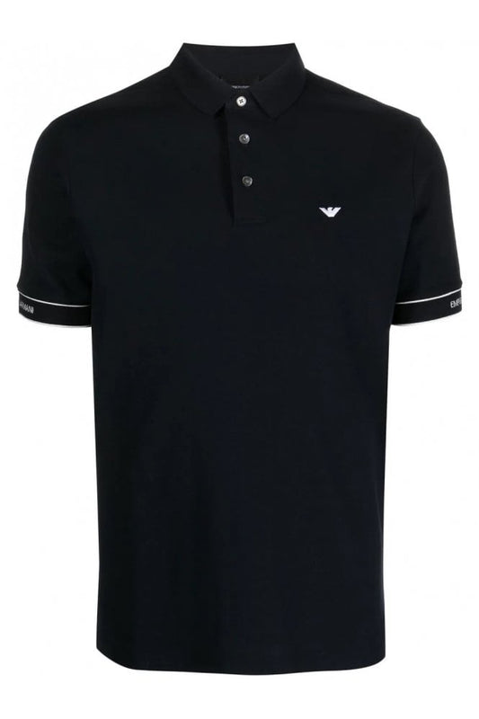 Black polo shirt with white trim on a white background