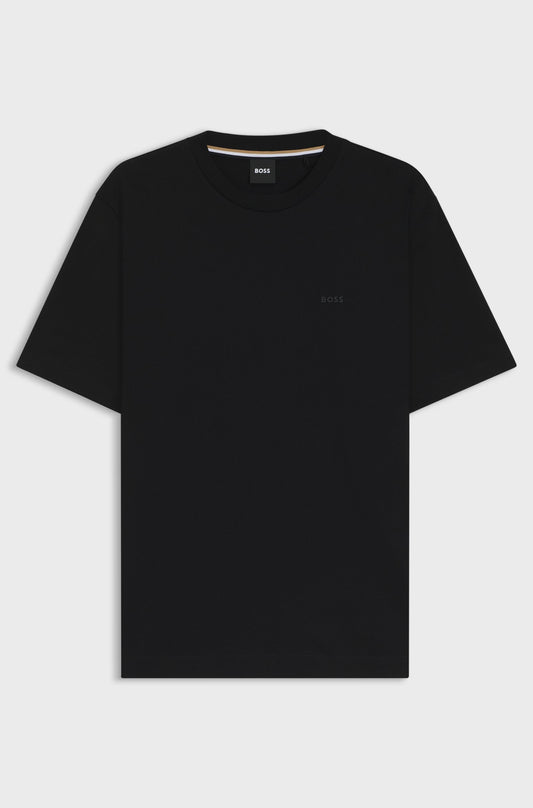 Black t-shirt with a small logo on a light gray background