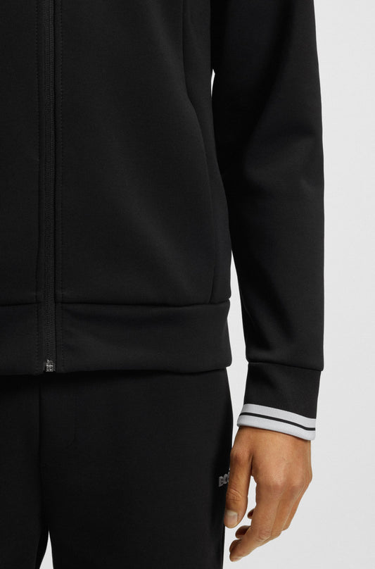 BOSS Cotton-blend zip-up sweatshirt with striped trims - Black