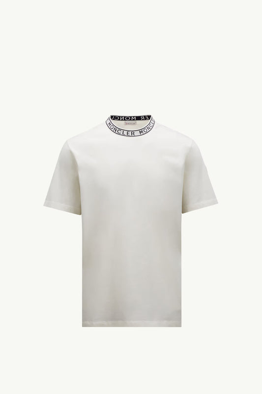 White t-shirt with a black collar on a white background