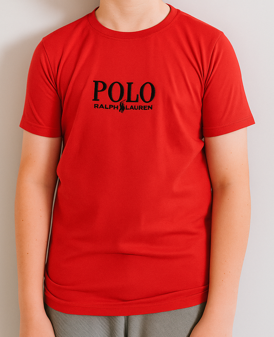Red t-shirt with Polo Ralph Lauren logo worn by a person on a plain background