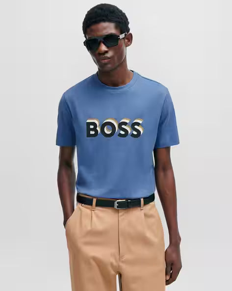 BOSS Logo Signature Blue Color Regular Fit Cotton Jersey T-Shirt for Kids/Juniors