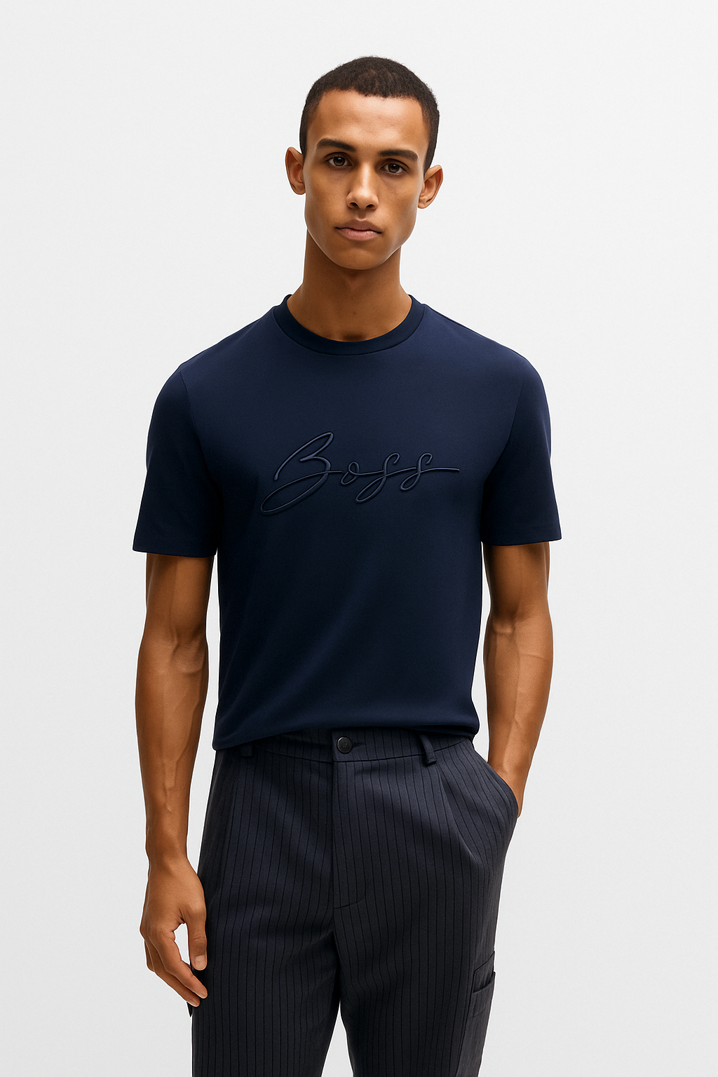 BOSS Cotton Jersey Regular Fit Men's Navy Blue T-shirt with Script Logo