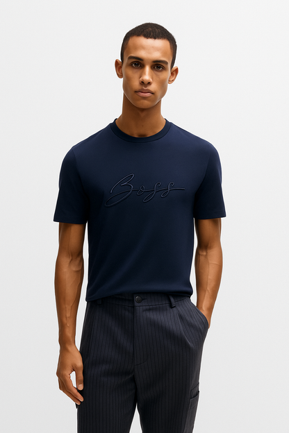 BOSS Cotton Jersey Regular Fit Men's Navy Blue T-shirt with Script Logo