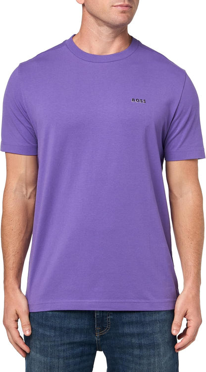 Man wearing a purple t-shirt with a brand logo on a white background