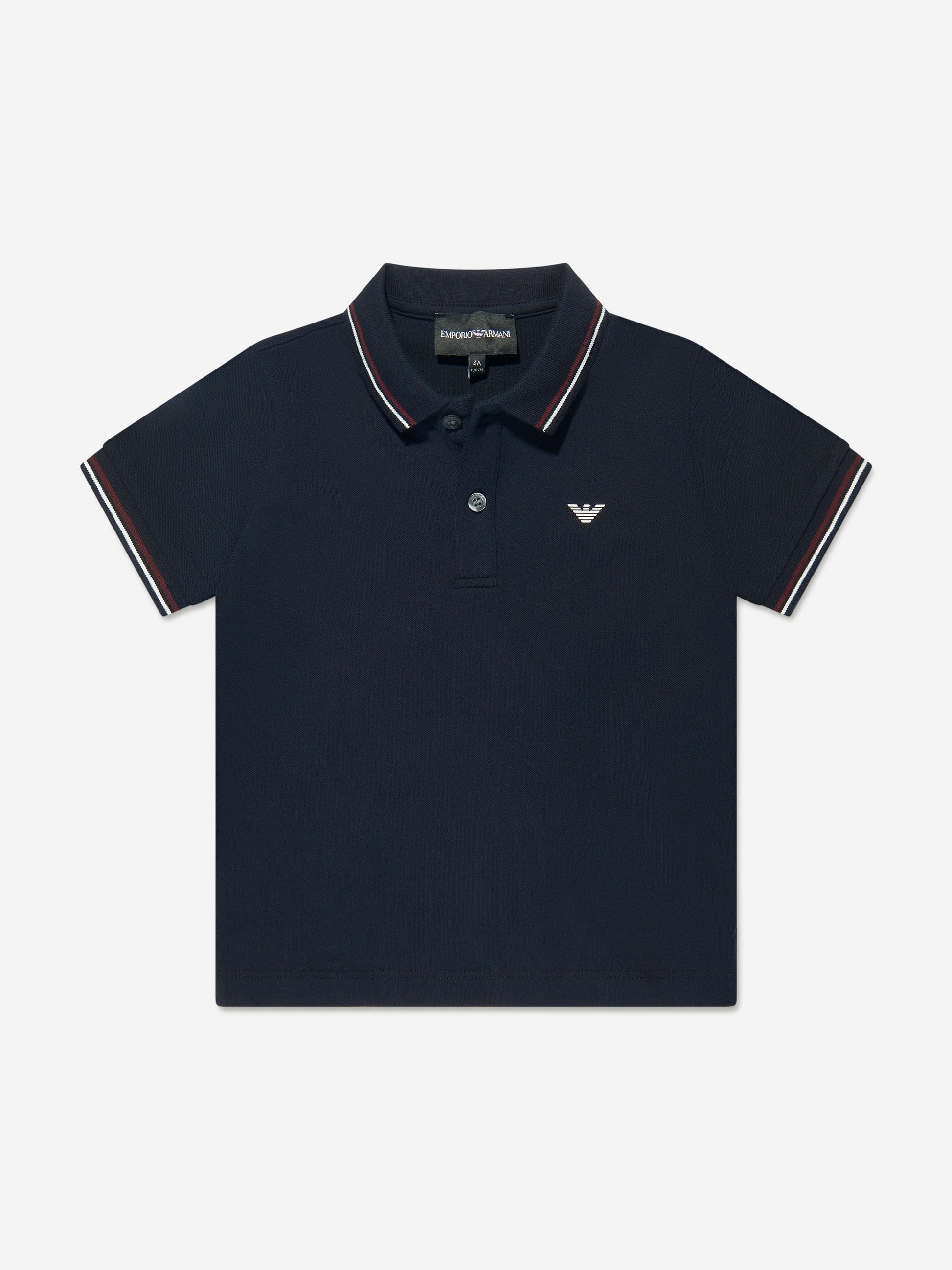 Navy blue polo shirt with white trim on a light gray background