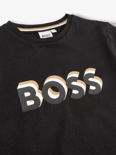 BOSS Logo Signature Black Color Regular Fit Cotton Jersey T-Shirt for Kids/Juniors