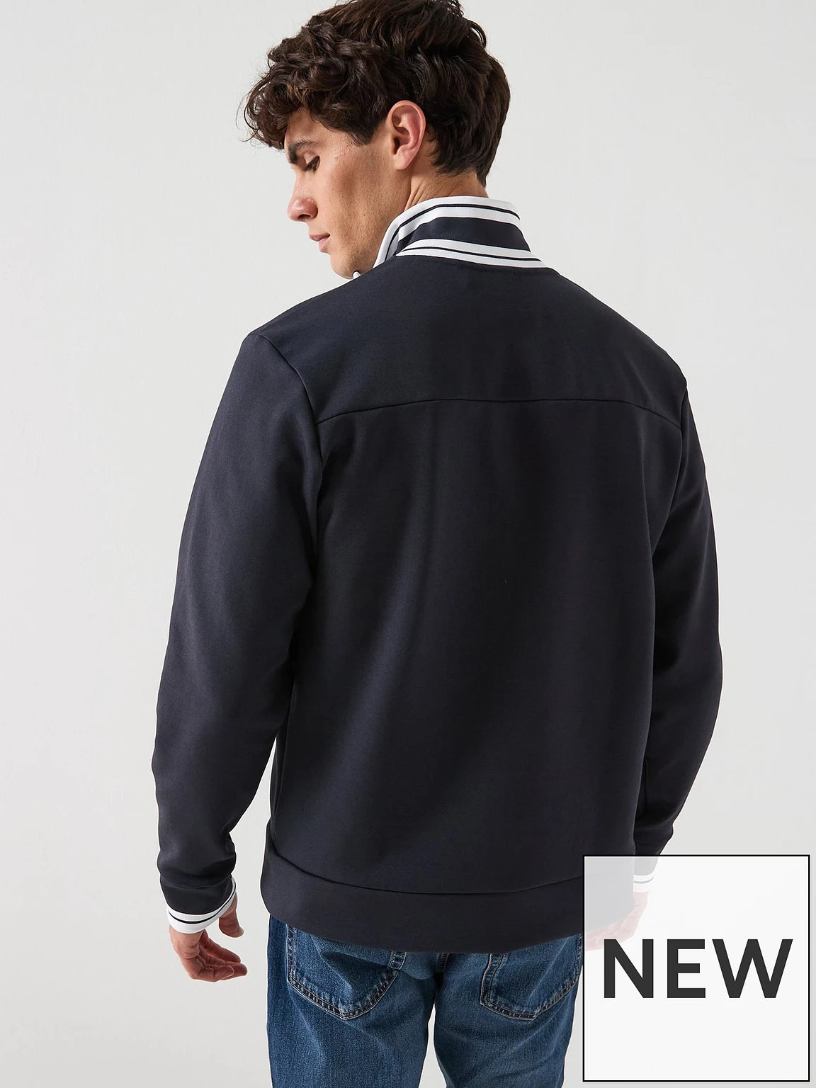 BOSS Cotton-blend zip-up sweatshirt with striped trims - Navy