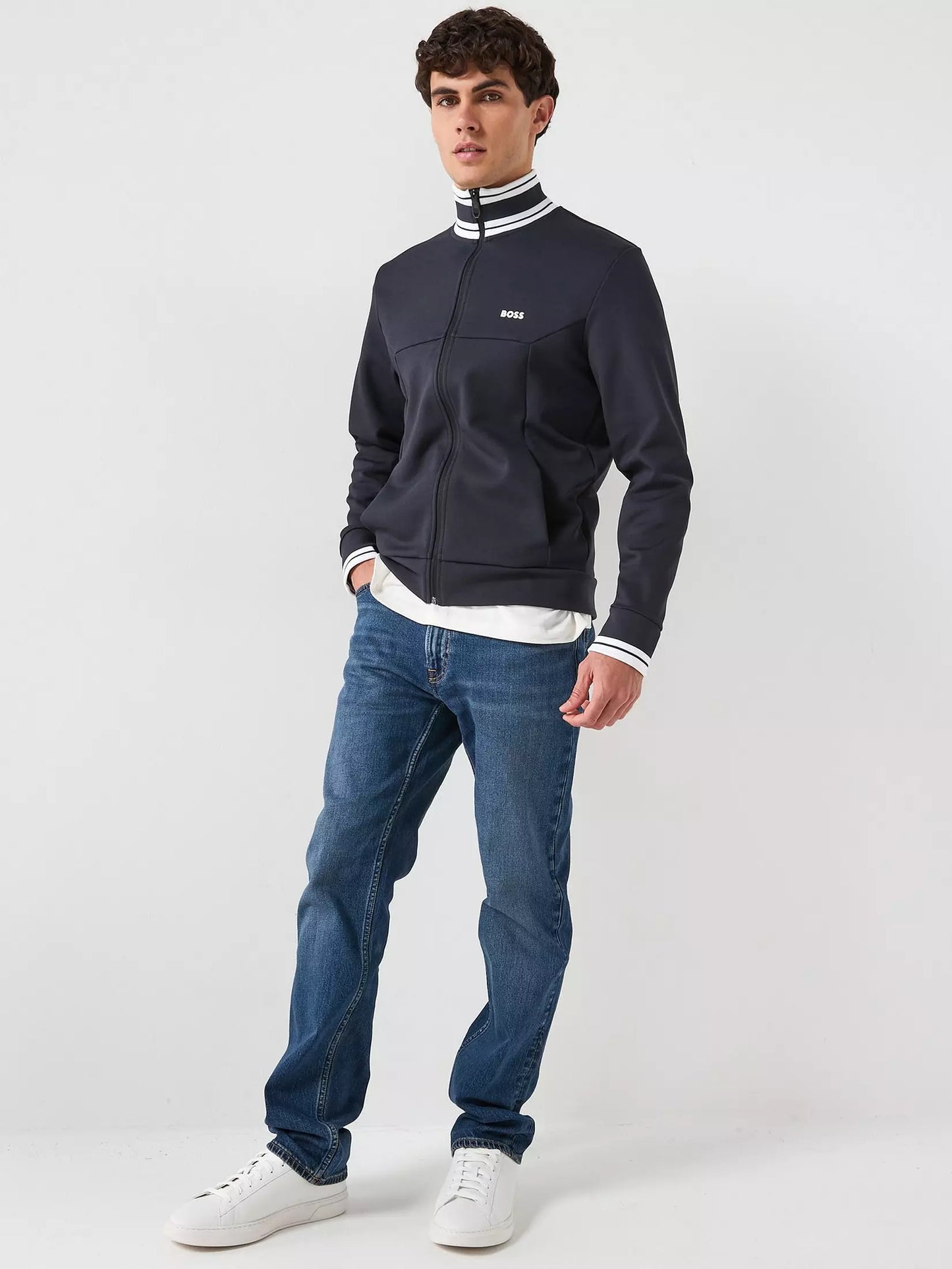 BOSS Cotton-blend zip-up sweatshirt with striped trims - Navy