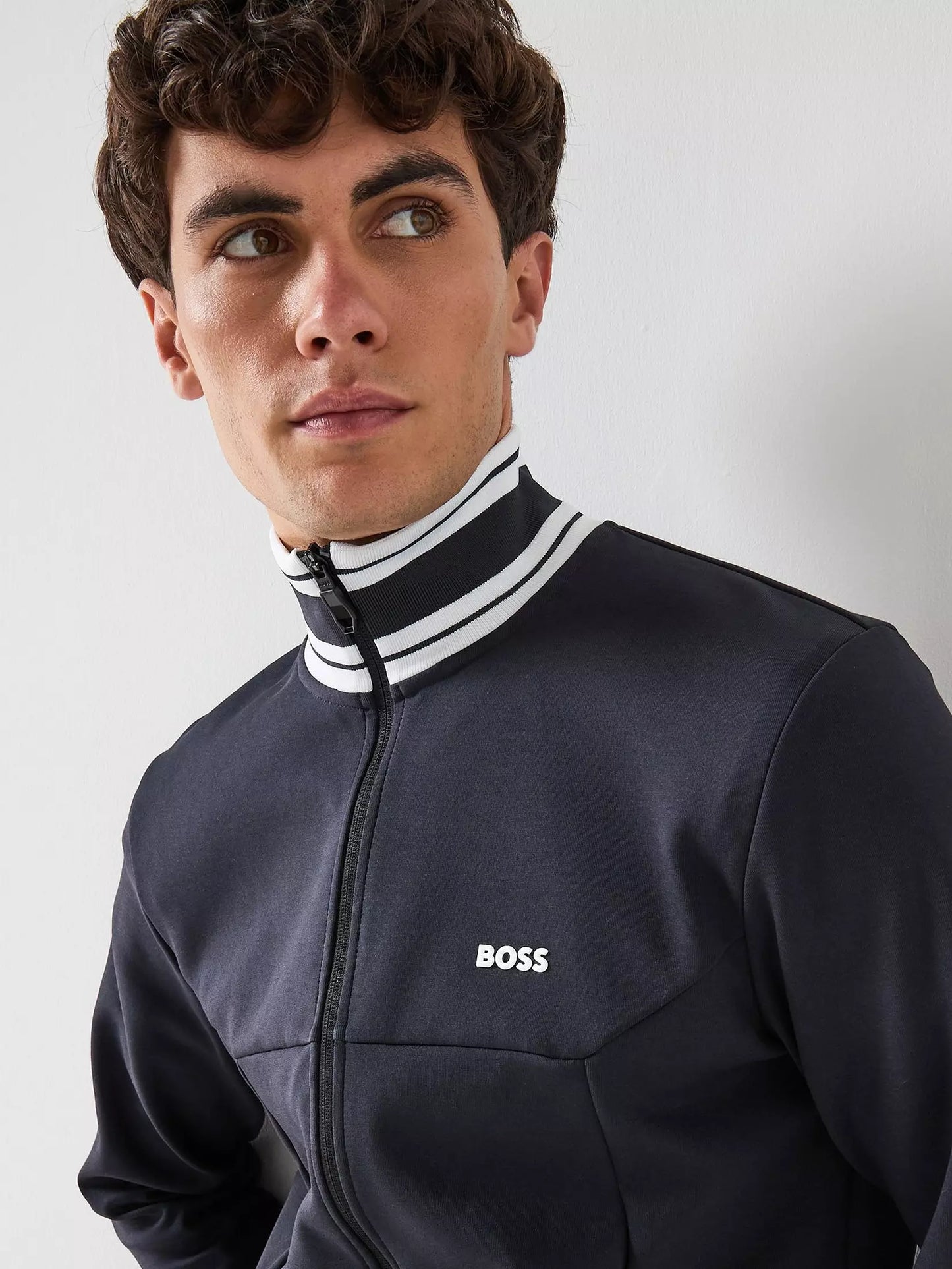 BOSS Cotton-blend zip-up sweatshirt with striped trims - Navy