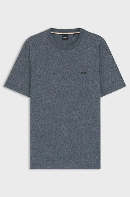 Gray t-shirt with a small logo on a light gray background
