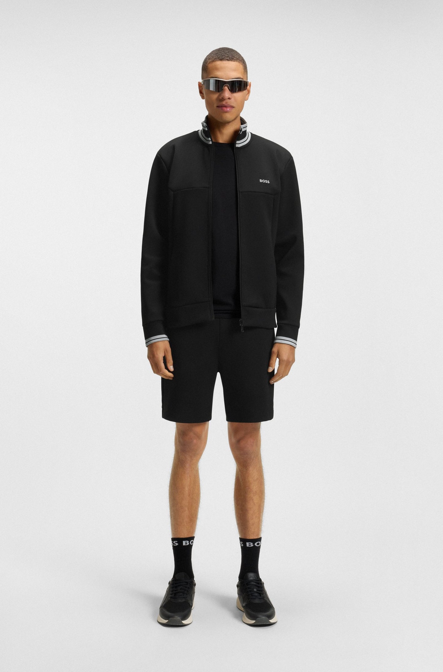 BOSS Cotton-blend zip-up sweatshirt with striped trims - Navy