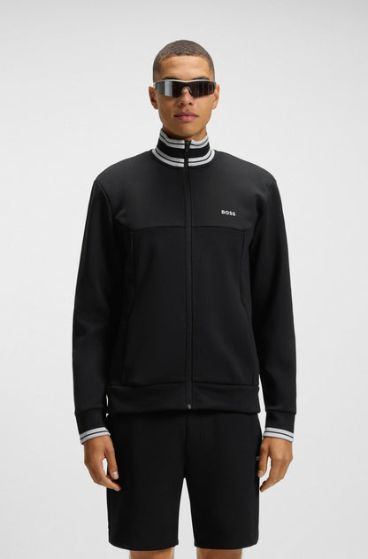BOSS Cotton-blend zip-up sweatshirt with striped trims - Navy